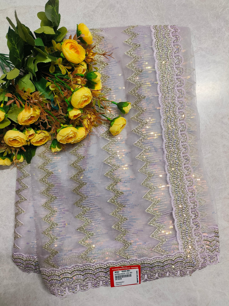 Enchanting Lavender Net Saree with Sequin Zigzag Pattern
