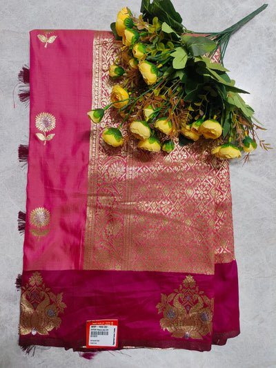 Ornate Fuchsia Pink Banarasi Style Silk Saree with Gold Jaal Work
