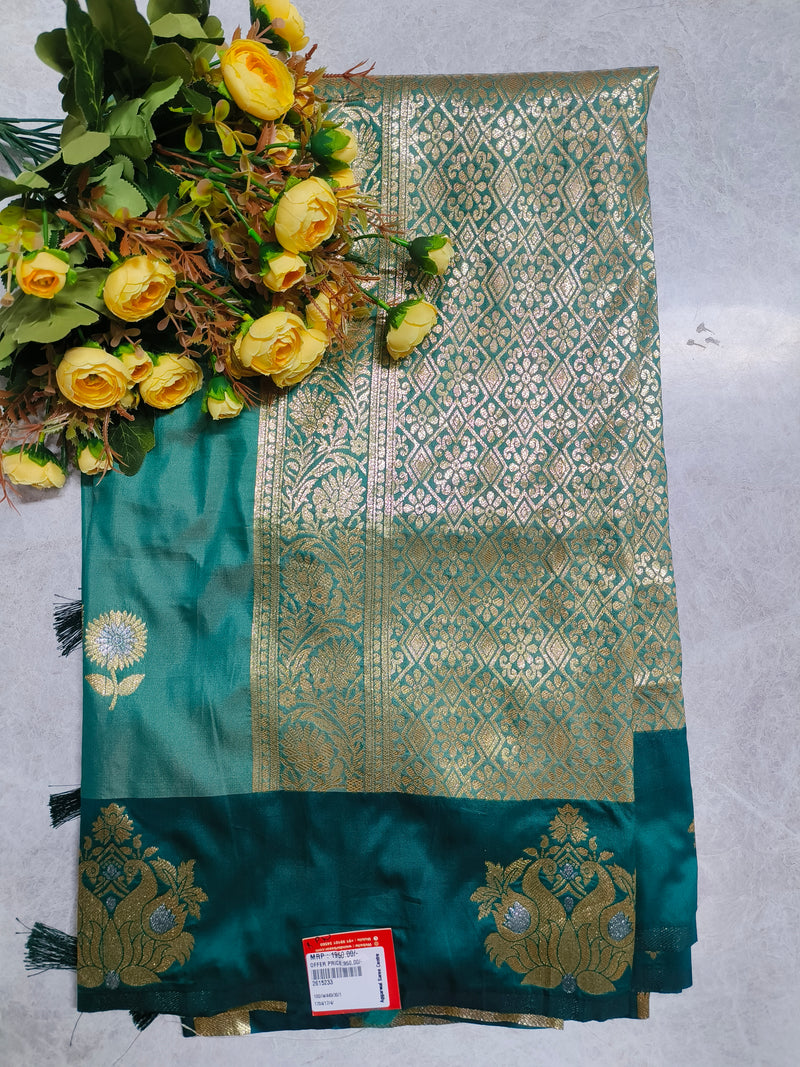 Regal Teal Green Silk Saree with Gold Zari Weaving and Peacock Border