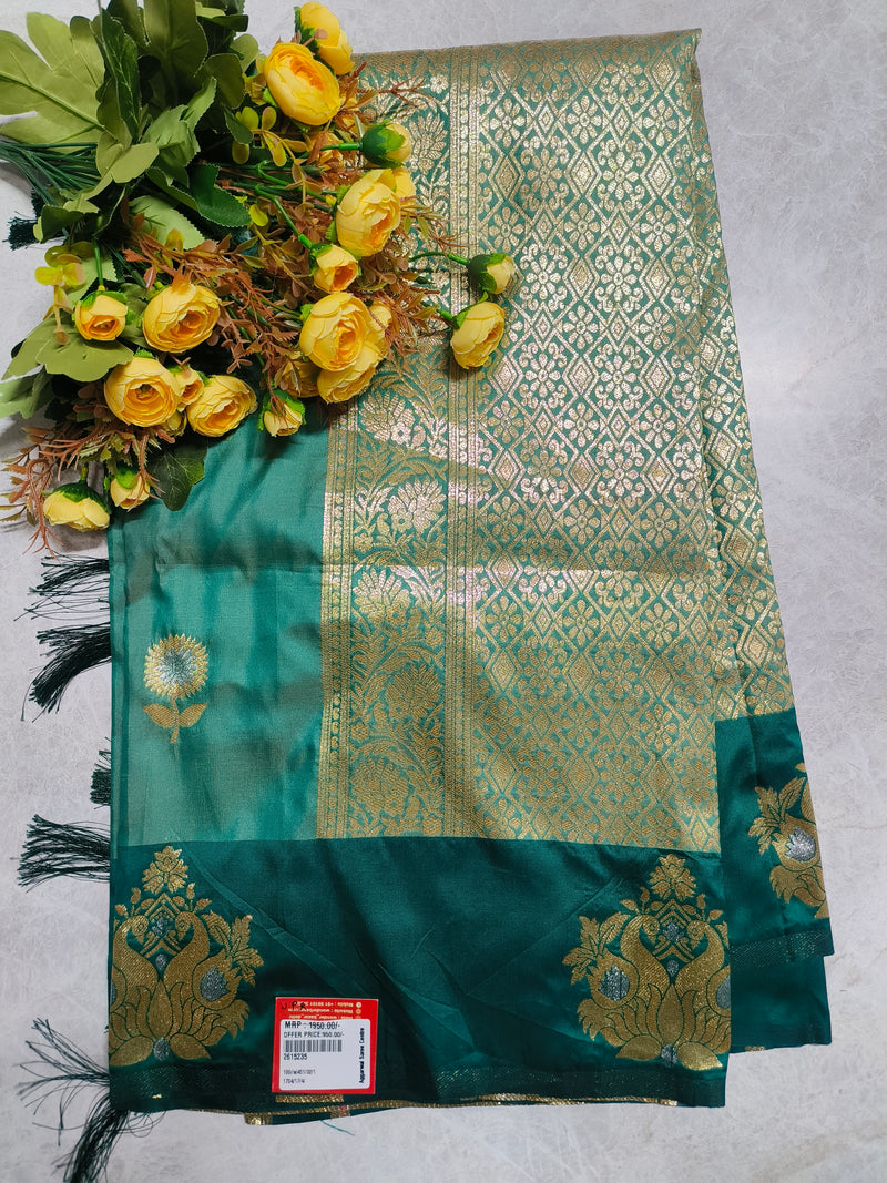 Majestic Emerald Green Banarasi Style Saree with Rich Golden Peacock Pallu