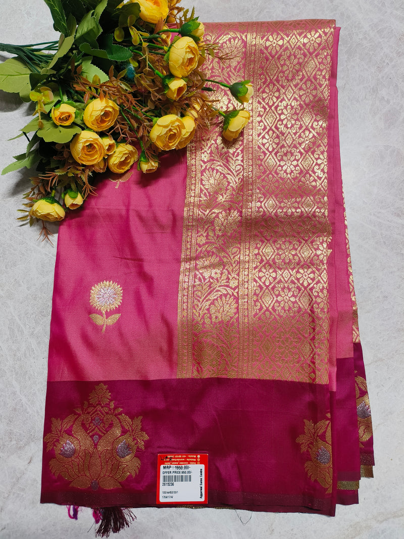Sophisticated Magenta Pink Silk Blend Saree with Intricate Golden Embroidery