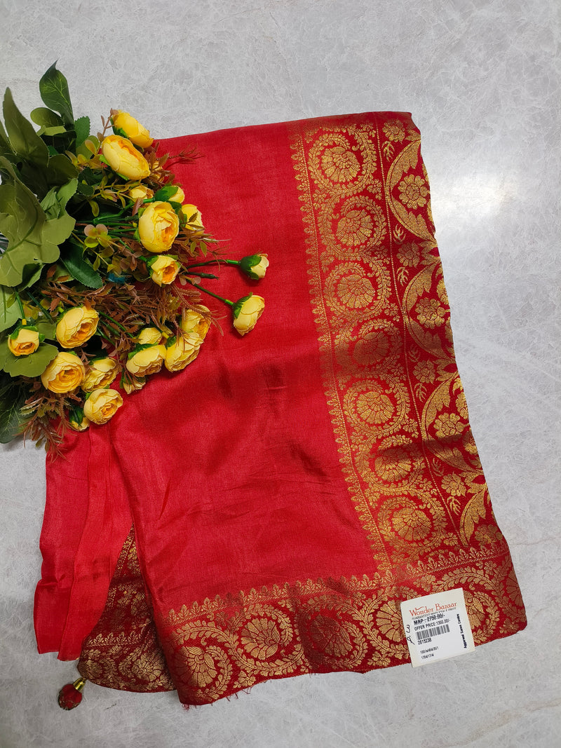 Classic Crimson Red Art Silk Saree with Heavy Floral Golden Zari Border