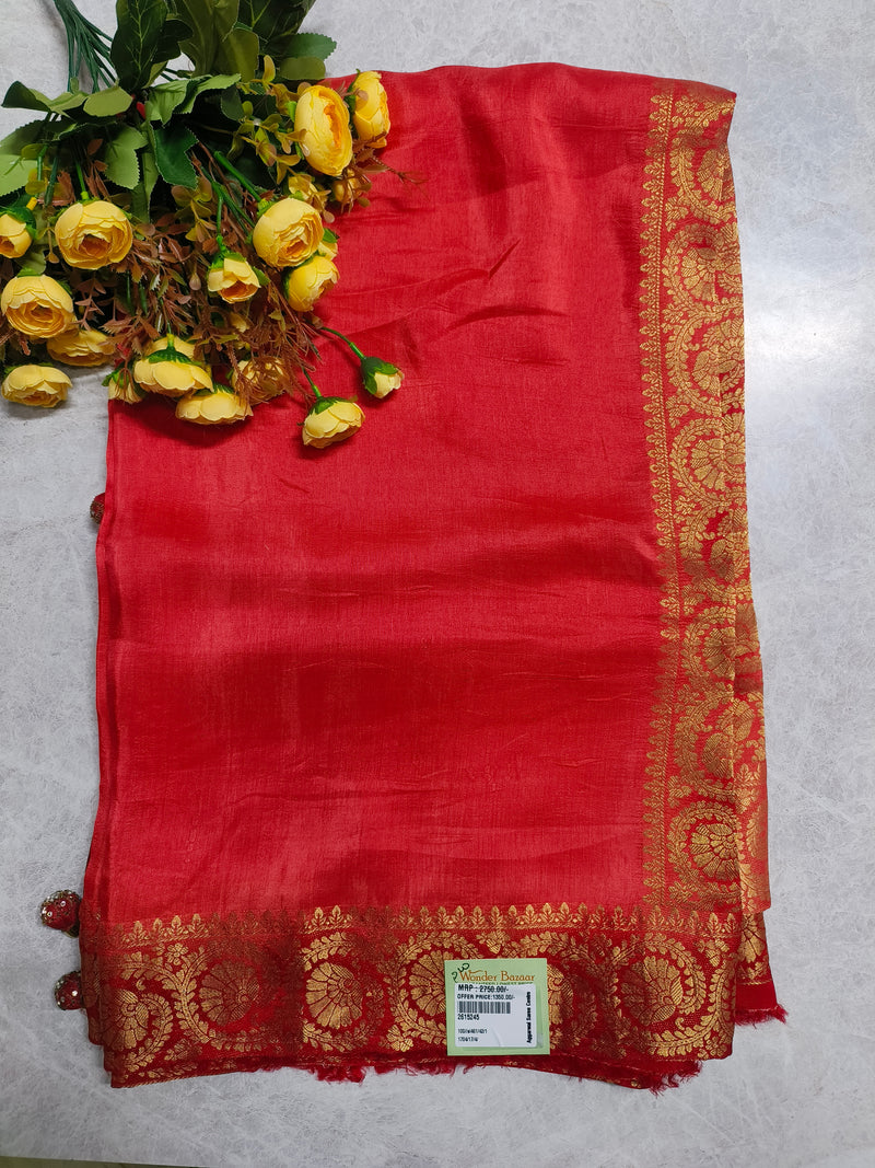 Elegant Crimson Red Silk Blend Saree with Ornate Gold Zari Work
