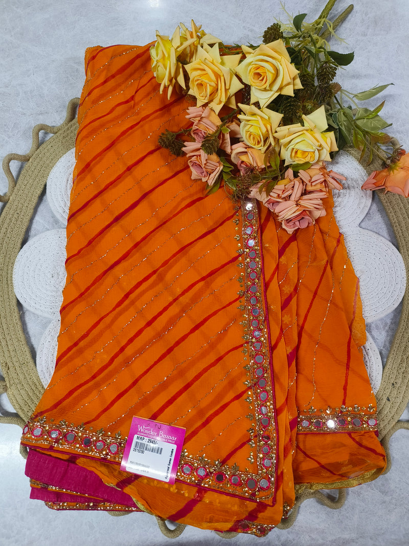 Stunning Emerald Green Leheriya Fancy Saree with Gota Patti and Mirror Border
