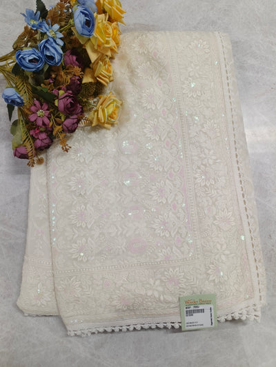 Pristine Off-White Chikankari Style Saree with Subtle Sequin Accents