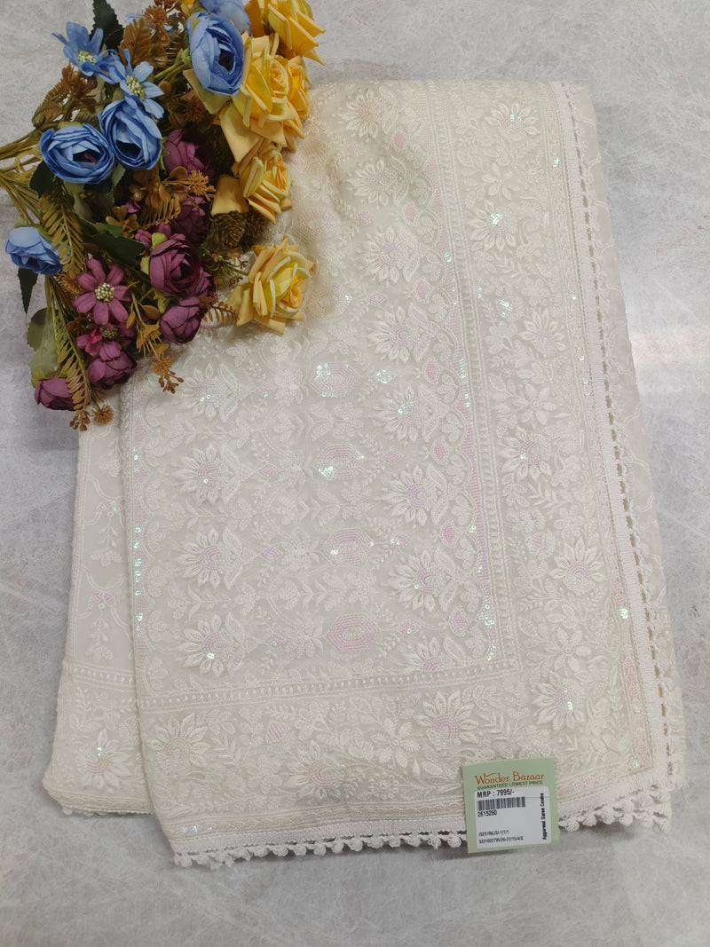Pristine Off-White Chikankari Style Saree with Subtle Sequin Accents