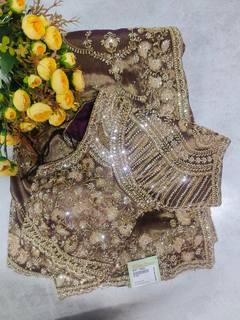 Regal Chocolate Brown Georgette Saree with Heavy Sequin and Zari Work