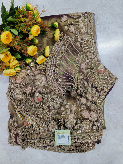Majestic Coffee Brown Saree with Traditional Peacock and Floral Zari Embroidery