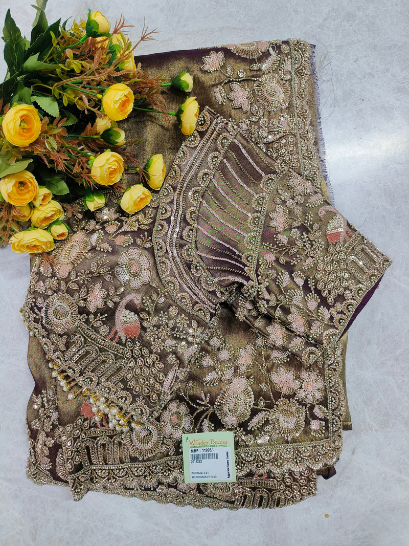 Majestic Coffee Brown Saree with Traditional Peacock and Floral Zari Embroidery