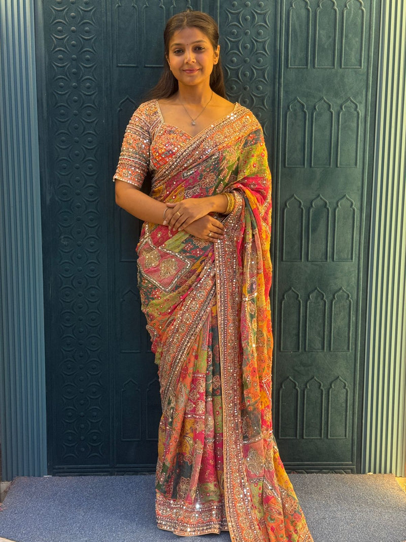 Vibrant Multi-Color Georgette Saree with Exquisite Mirror Work and Bandhani Prints