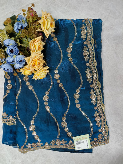 Enchanting Navy Teal Saree with Sparkling Golden Sequin Borders