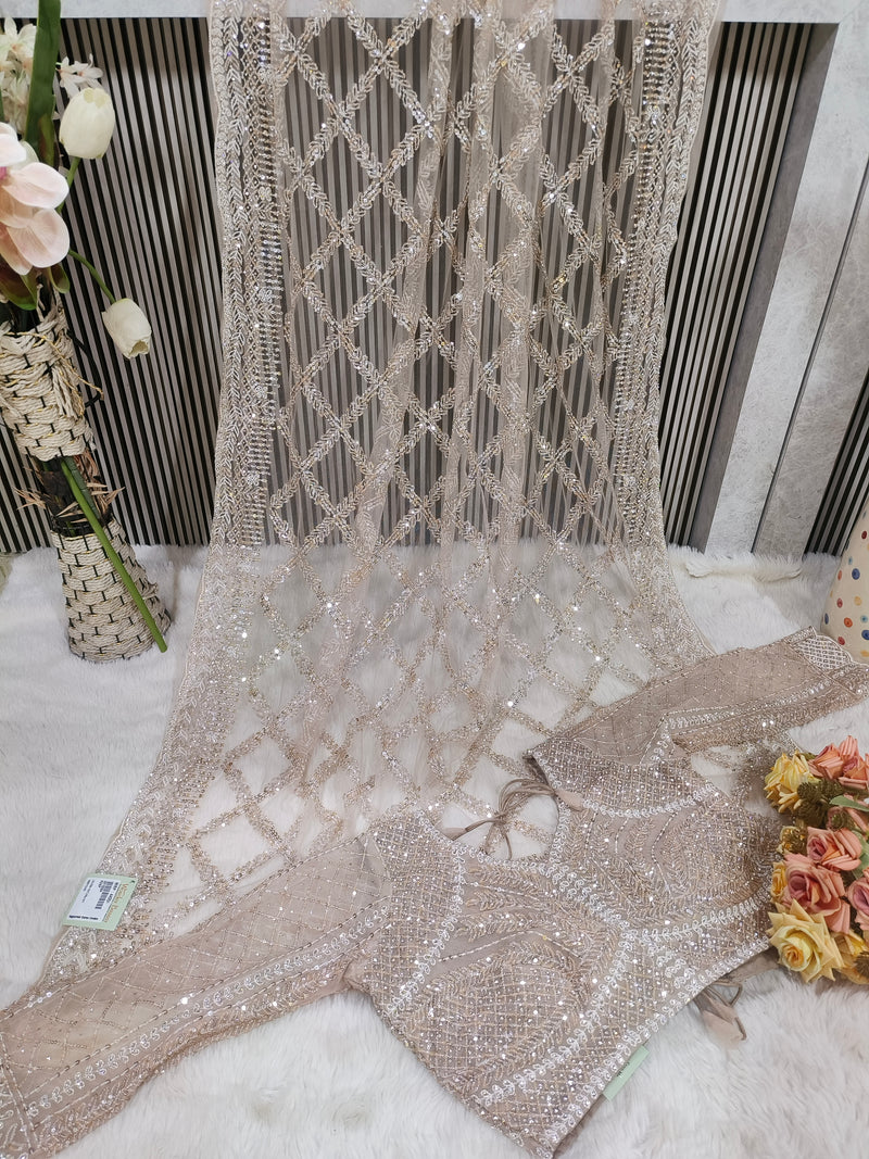 Elegant Champagne Beige Net Saree with Heavy Sequin Diamond Work