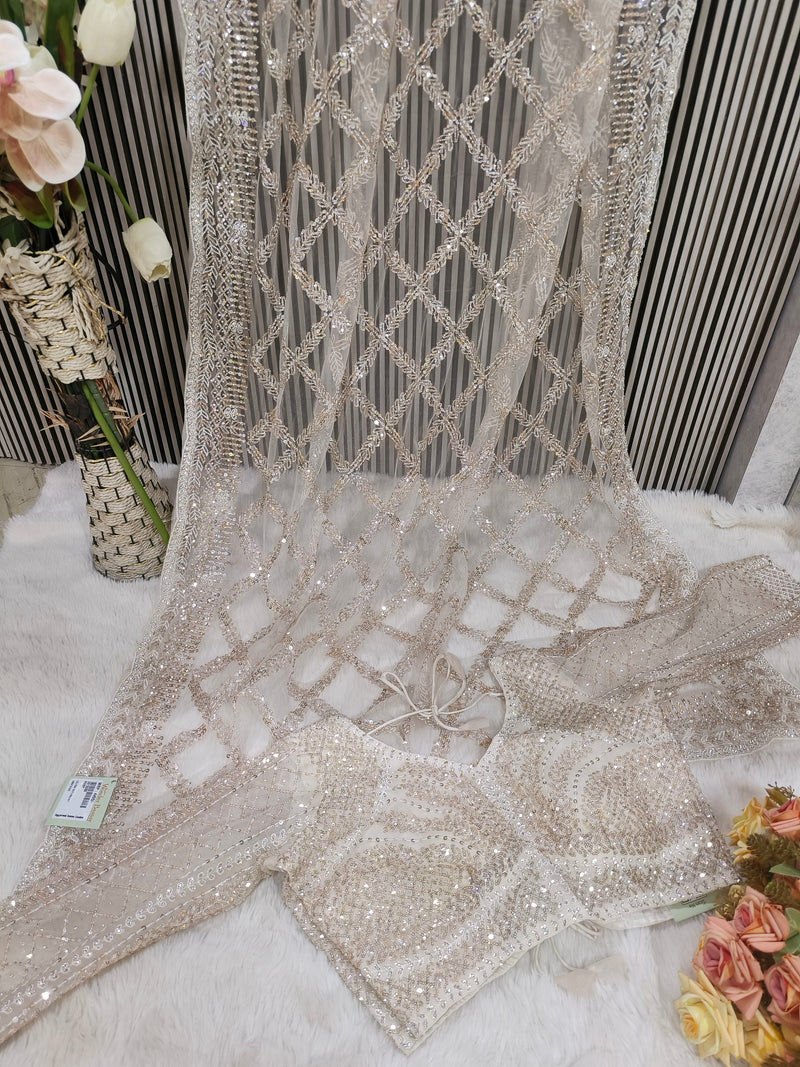 Elegant Champagne Beige Net Saree with Heavy Sequin Diamond Work