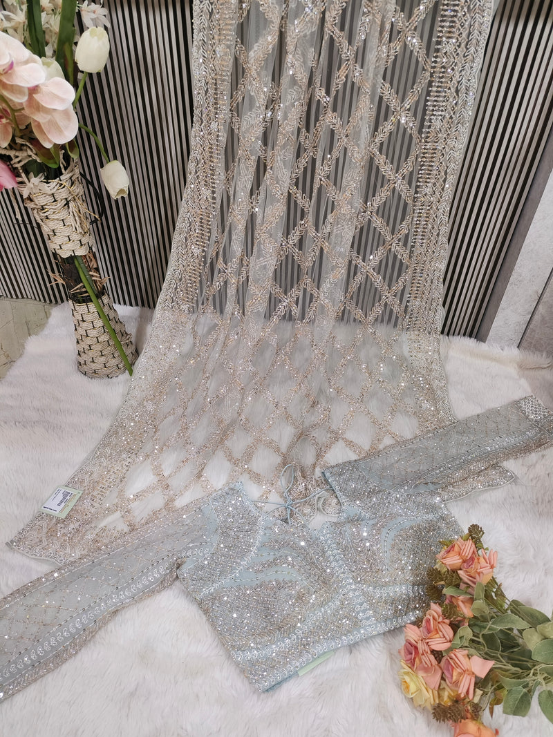 Elegant Champagne Beige Net Saree with Heavy Sequin Diamond Work