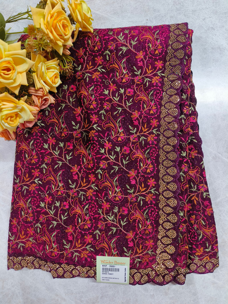 Exquisite Wine Georgette Saree with Floral Embroidery and Stone Border