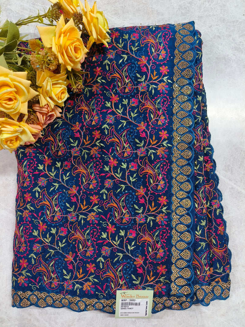 Exquisite Wine Georgette Saree with Floral Embroidery and Stone Border