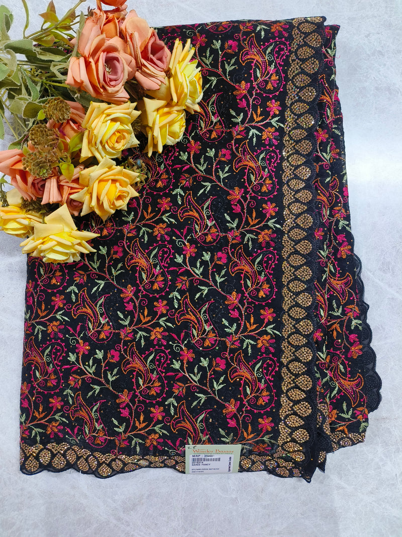 Exquisite Wine Georgette Saree with Floral Embroidery and Stone Border