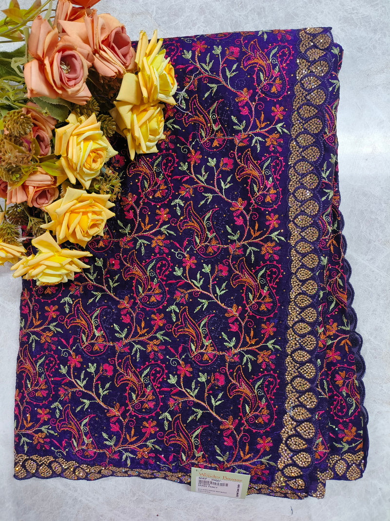 Exquisite Wine Georgette Saree with Floral Embroidery and Stone Border