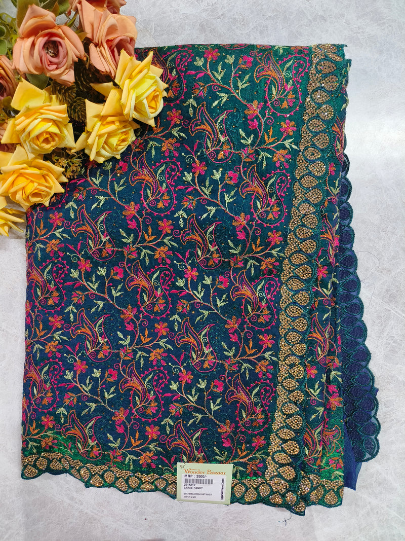 Exquisite Wine Georgette Saree with Floral Embroidery and Stone Border