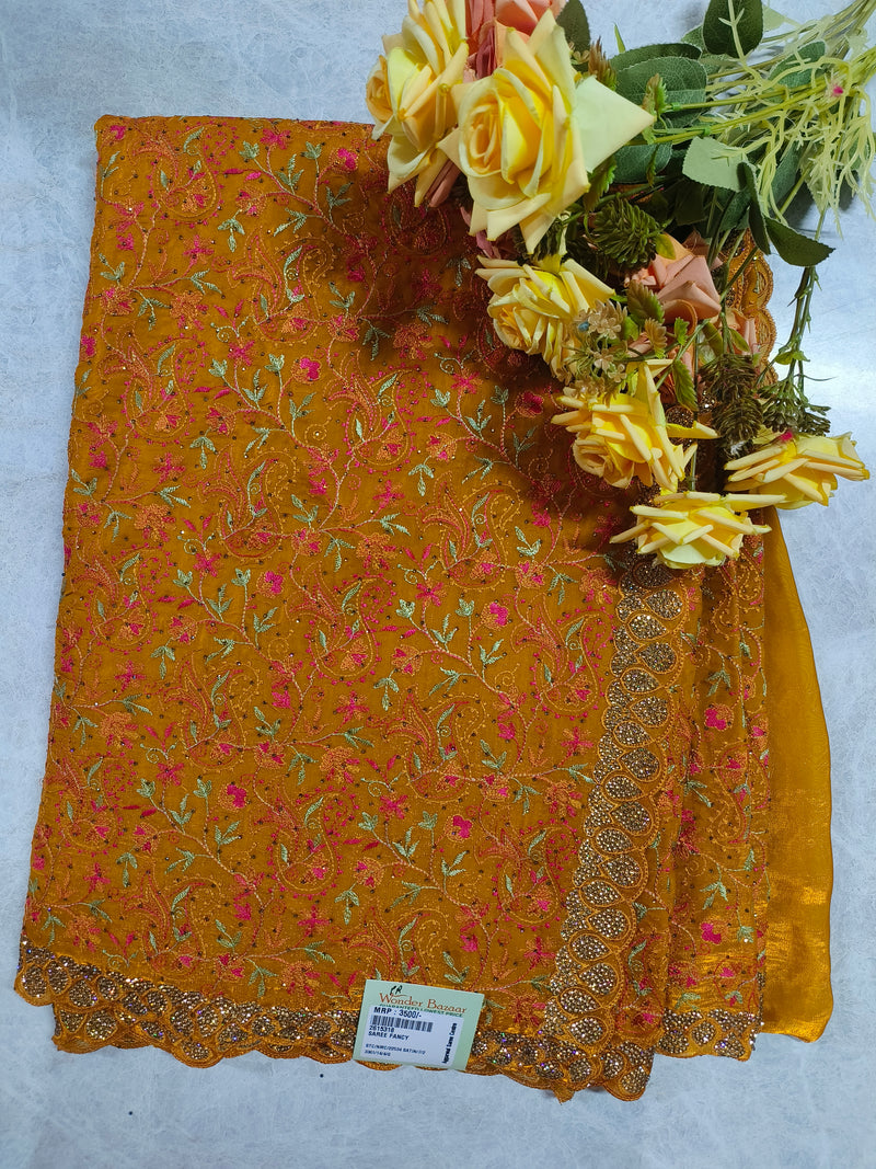 Exquisite Wine Georgette Saree with Floral Embroidery and Stone Border