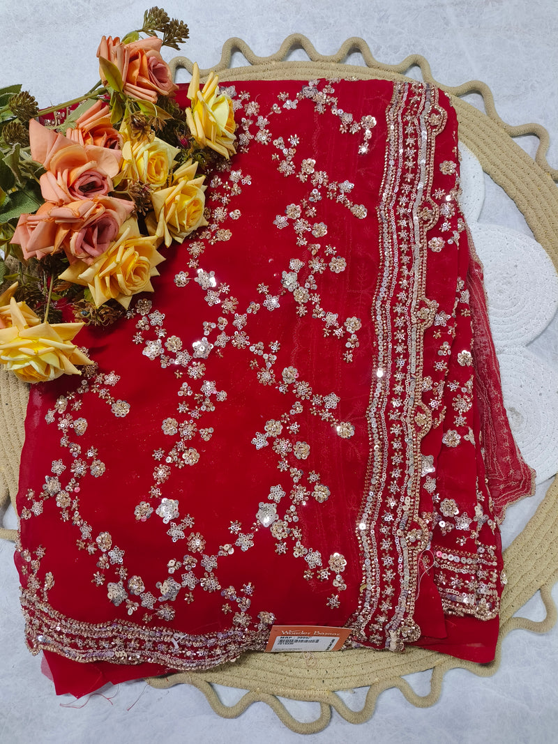 Radiant Red Georgette Saree with Exquisite Sequin Floral Embroidery
