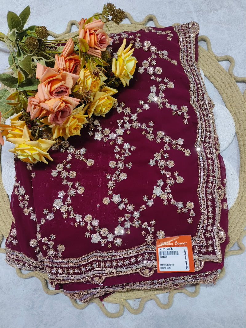 Radiant Red Georgette Saree with Exquisite Sequin Floral Embroidery