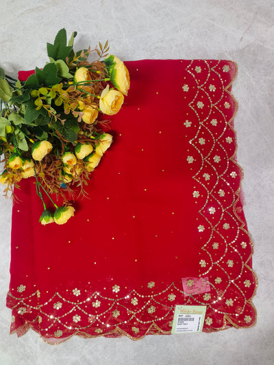 Classic Ruby Red Georgette Saree with Intricate Gold Lace Border