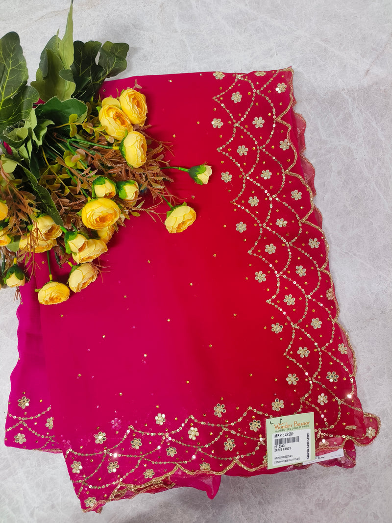 Classic Ruby Red Georgette Saree with Intricate Gold Lace Border