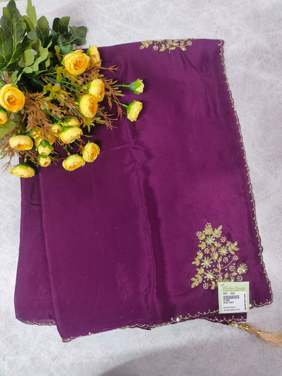 Royal Purple Georgette Saree with Gold Floral Embroidery and Sequin Border