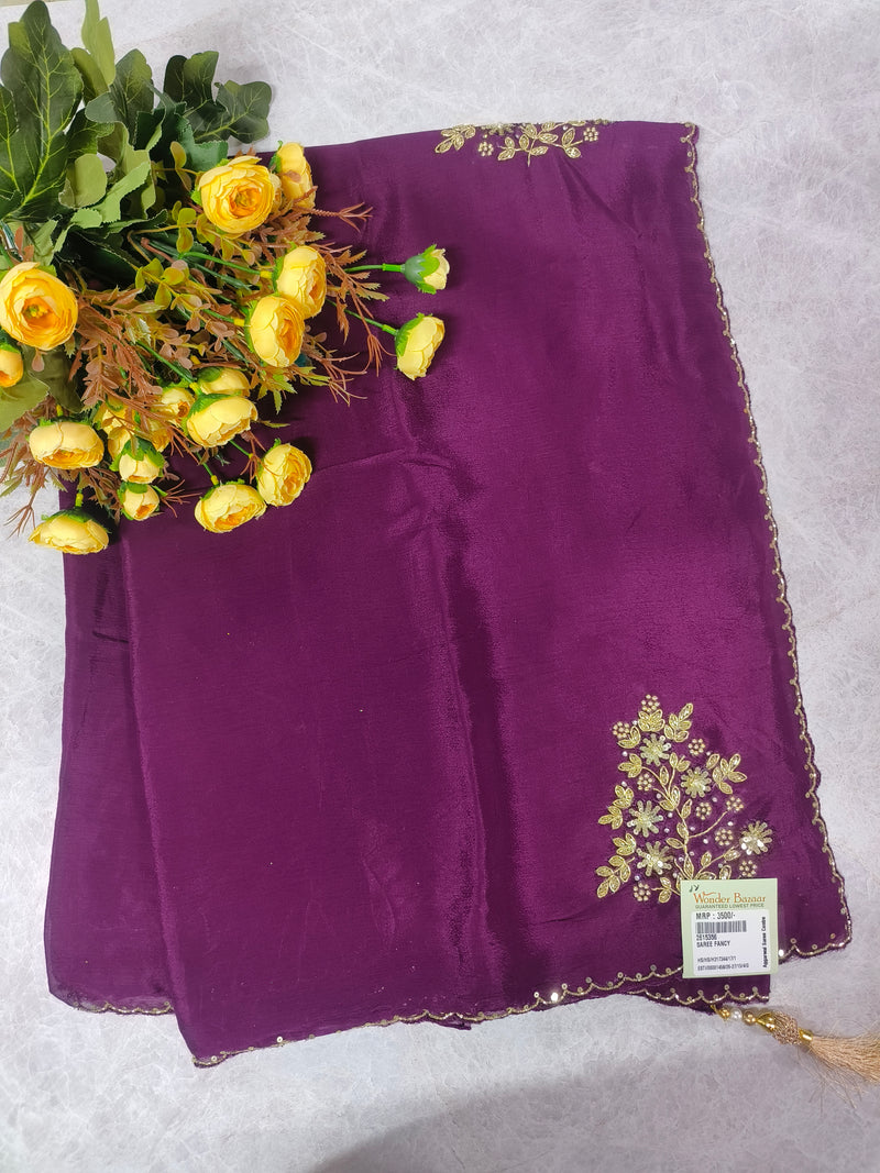 Royal Purple Georgette Saree with Gold Floral Embroidery and Sequin Border