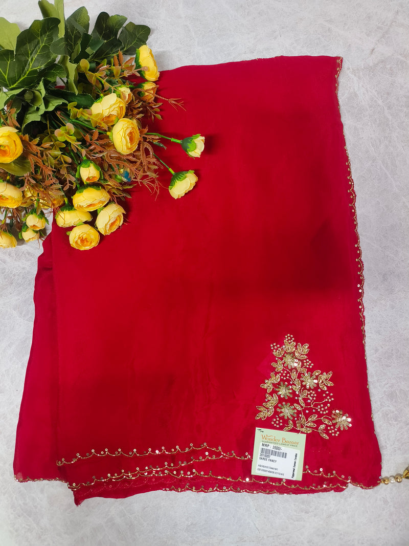 Royal Purple Georgette Saree with Gold Floral Embroidery and Sequin Border
