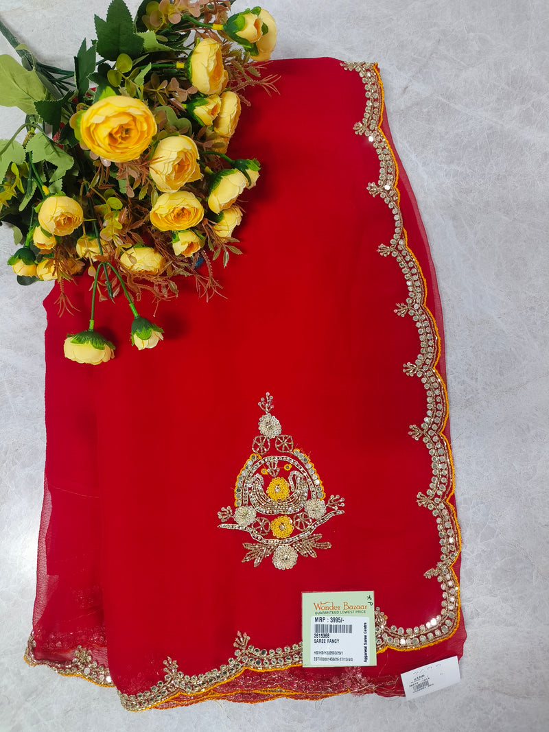 Vibrant Red Georgette Saree with Scalloped Mirror Work Border