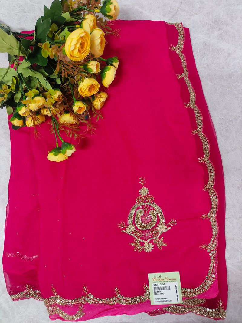 Vibrant Red Georgette Saree with Scalloped Mirror Work Border