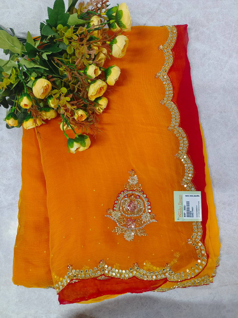 Vibrant Red Georgette Saree with Scalloped Mirror Work Border