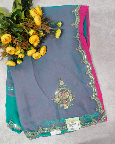 Sophisticated Steel Grey Chiffon Saree with Pink Contrast and Mirror Embroidery