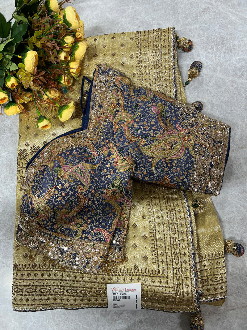 Exquisite Gold Shimmer Saree with Navy Blue Paisley Printed Blouse