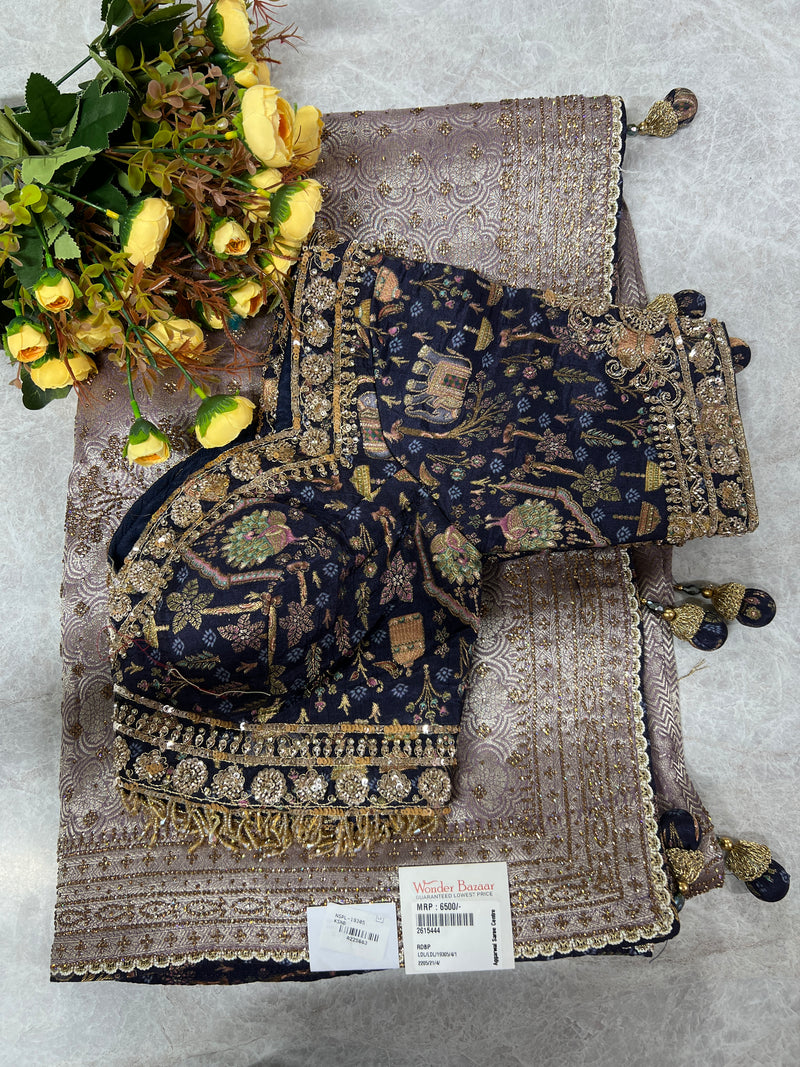 Exquisite Gold Shimmer Saree with Navy Blue Paisley Printed Blouse