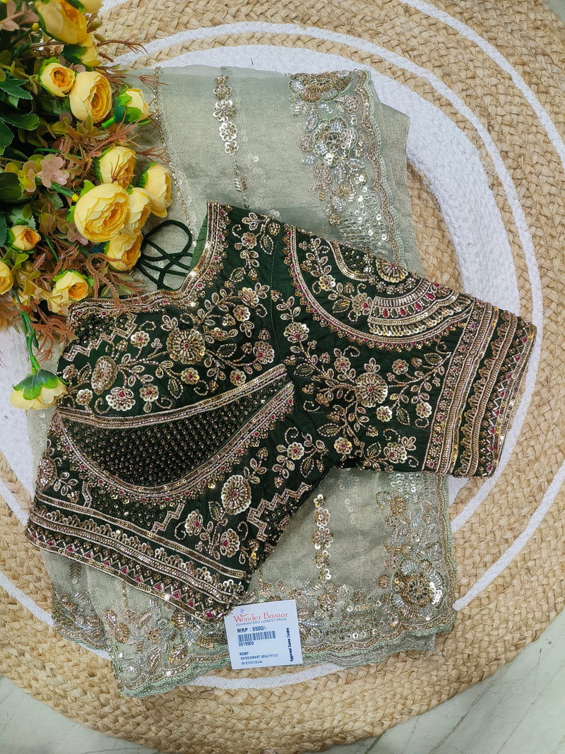 Exquisite Emerald Green Embroidered Saree with Heavy Designer Blouse