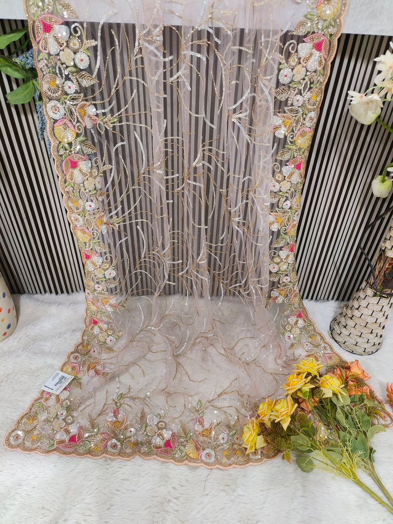 Enchanting Blush Pink Net Saree with Intricate Floral Sequin Embroidery
