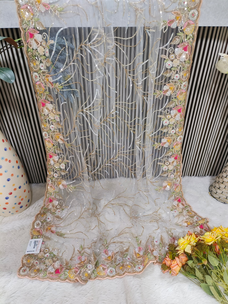 Enchanting Blush Pink Net Saree with Intricate Floral Sequin Embroidery