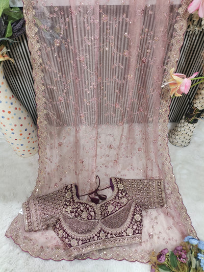 Graceful Dusty Rose Net Saree with Heavy Sequin Embroidery