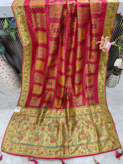 Royal Red Banarasi Silk Saree with Geometric Gold Zari Squares