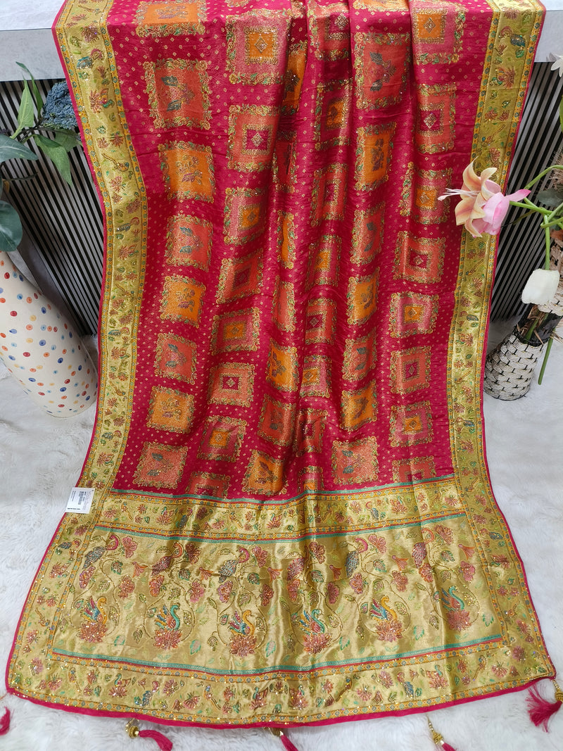 Royal Red Banarasi Silk Saree with Geometric Gold Zari Squares