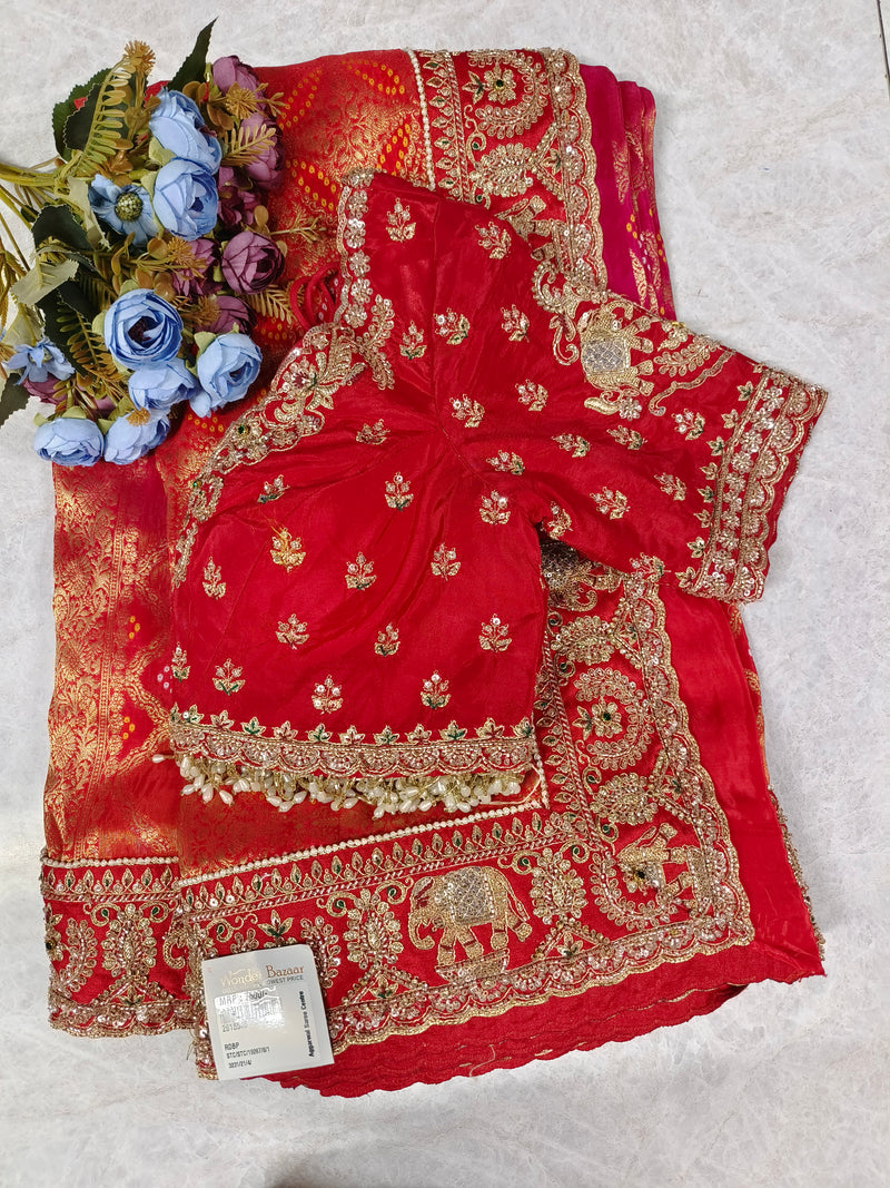 Vibrant Red Bridal Silk Saree with Golden Elephant Zari Embroidery