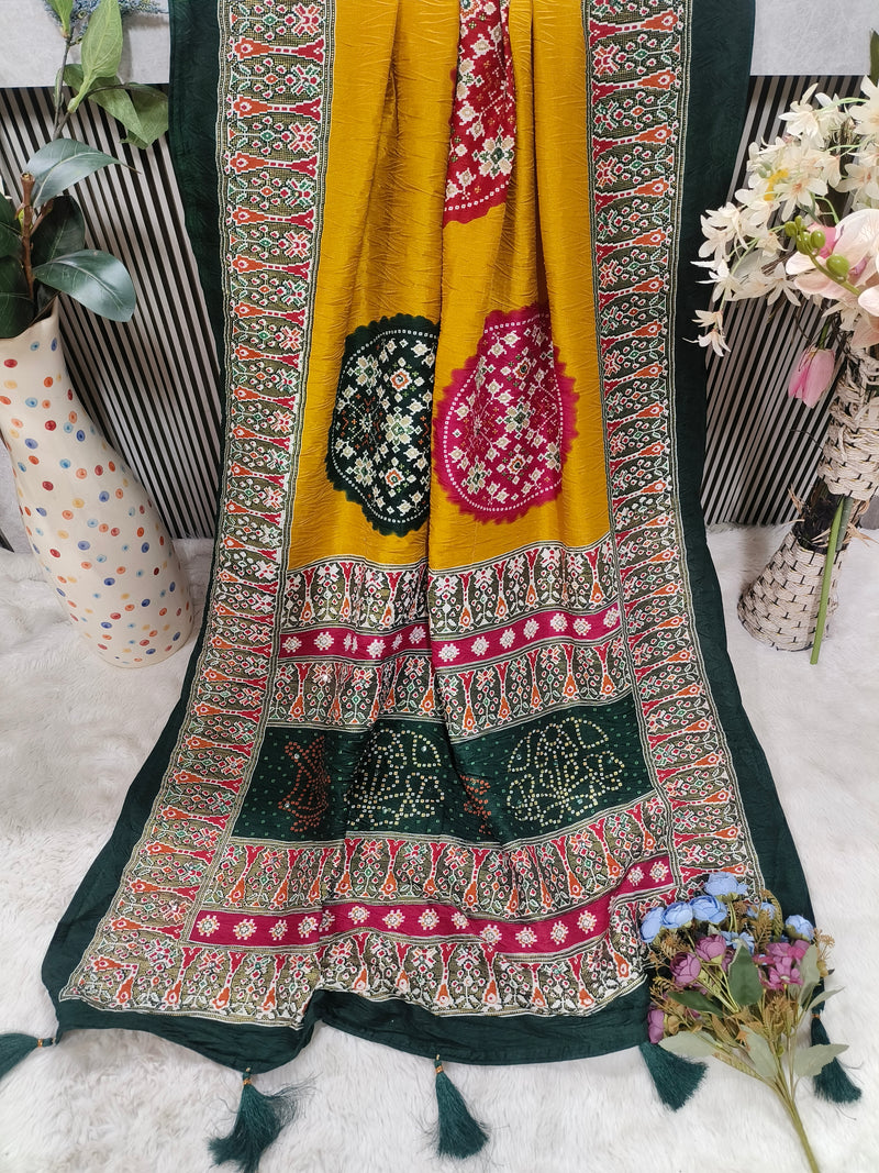 Festive Yellow and Bottle Green Bandhani Silk Saree with Tassels