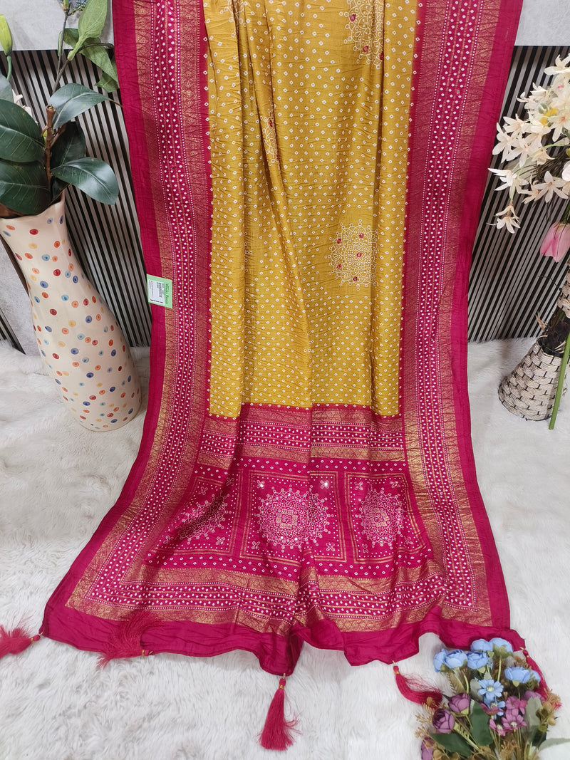 Elegant Mustard Yellow & Peacock Blue Bandhani Print Saree