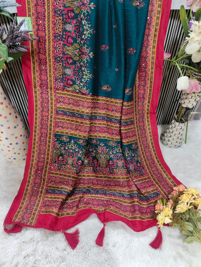Majestic Teal Silk Saree with Traditional Peacock and Elephant Motifs
