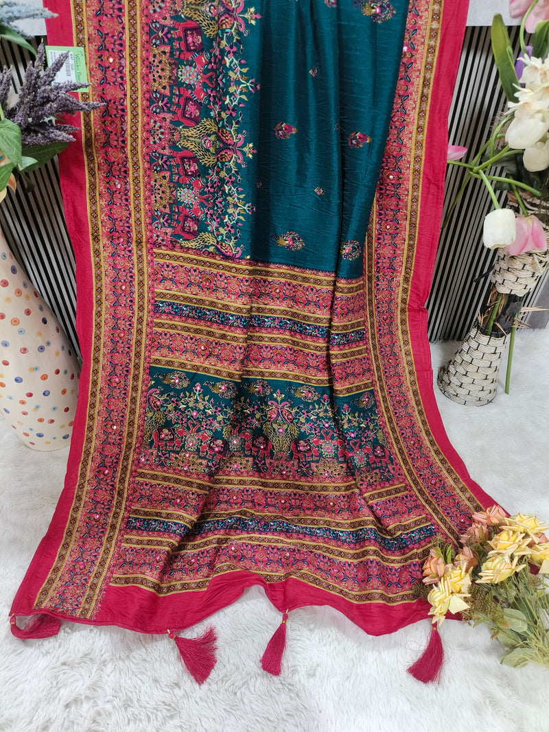 Majestic Teal Silk Saree with Traditional Peacock and Elephant Motifs