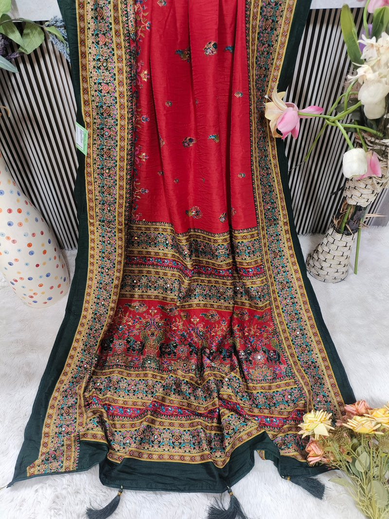 Majestic Teal Silk Saree with Traditional Peacock and Elephant Motifs