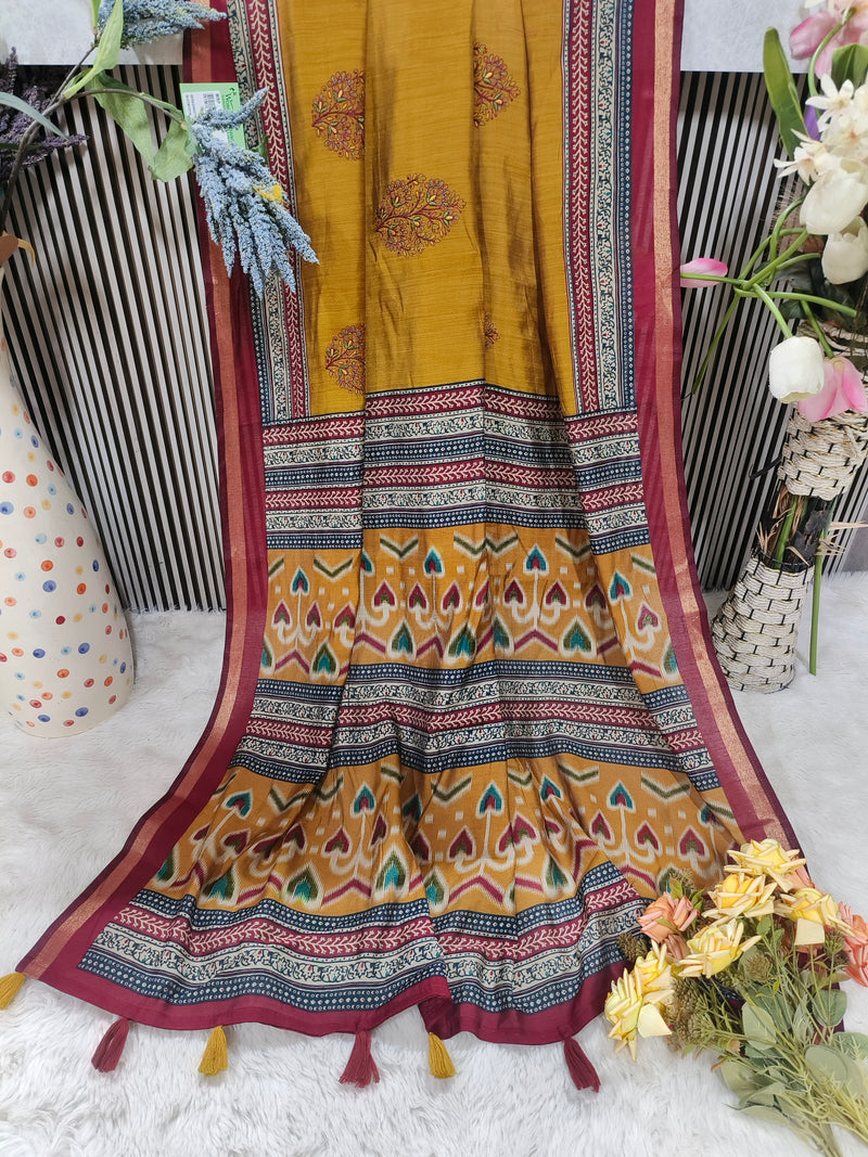 Vibrant Crimson Red Silk Saree with Antique Gold Traditional Patterns